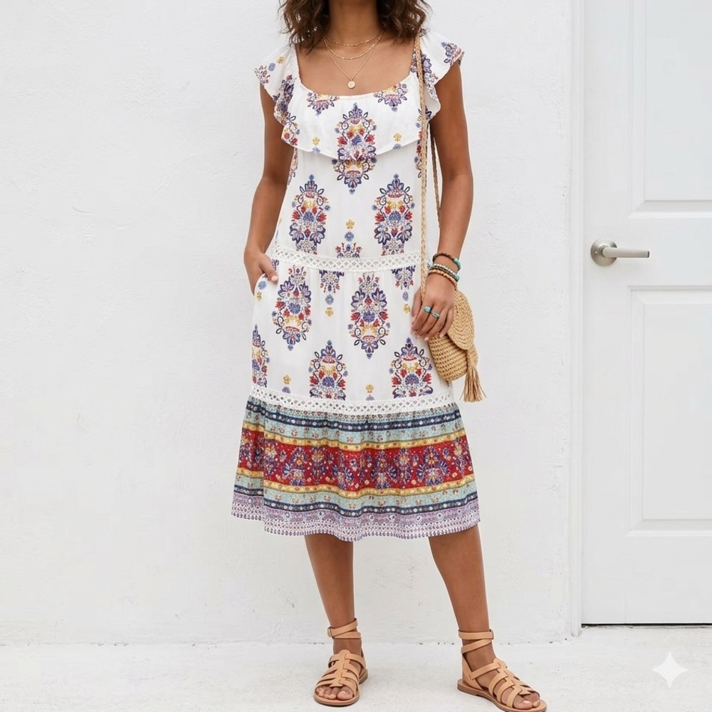 Eyeshadow White Maxi Dress with Blue, Red and Yellow Floral Print